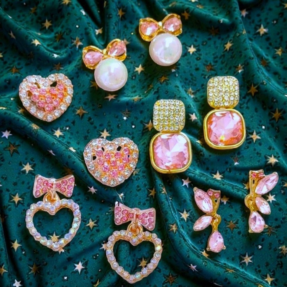 New 5 pairs Pink Sparkling Rhinestone Bow Heart Butterfly Dangle Earrings Set